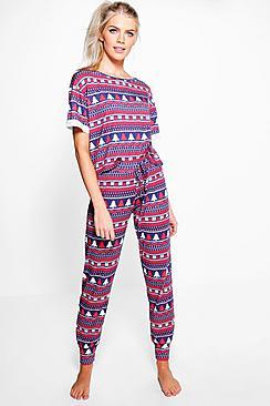 Boohoo Amy Fairisle Print Roll Sleeve Tee And Jogger Set