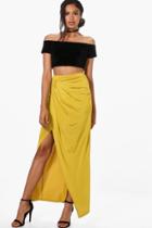 Boohoo Lottie Drape Front Split Slinky Maxi Skirt Chartreuse