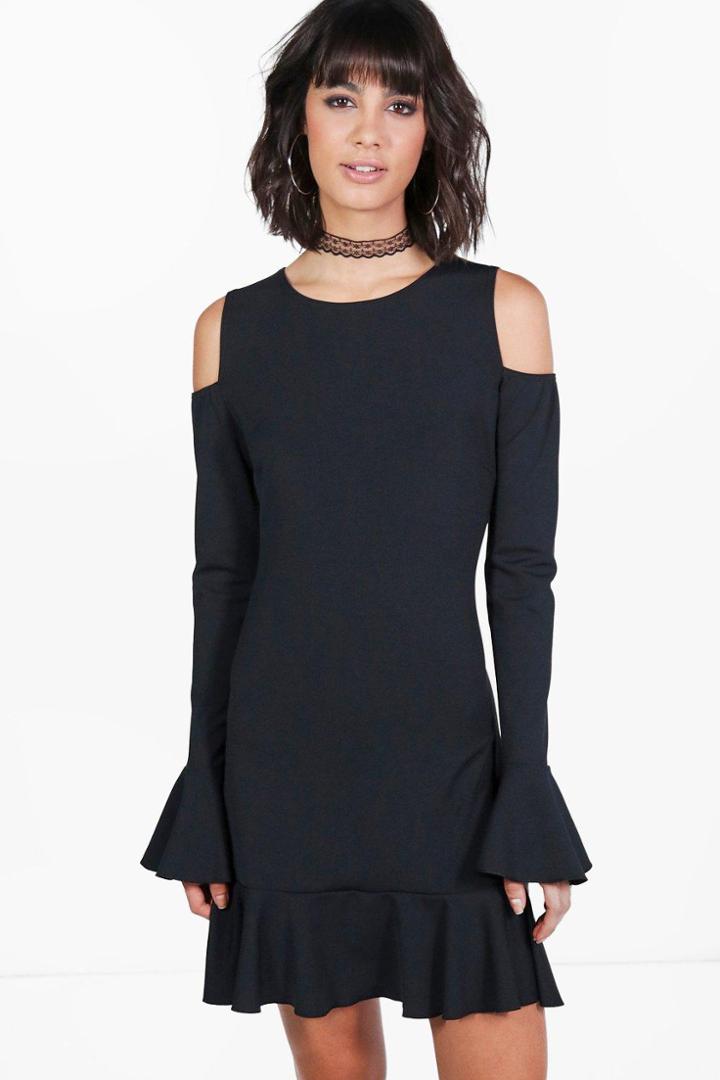 Boohoo Joanna Frill Detail Cold Shoulder Bodycon Dress Black