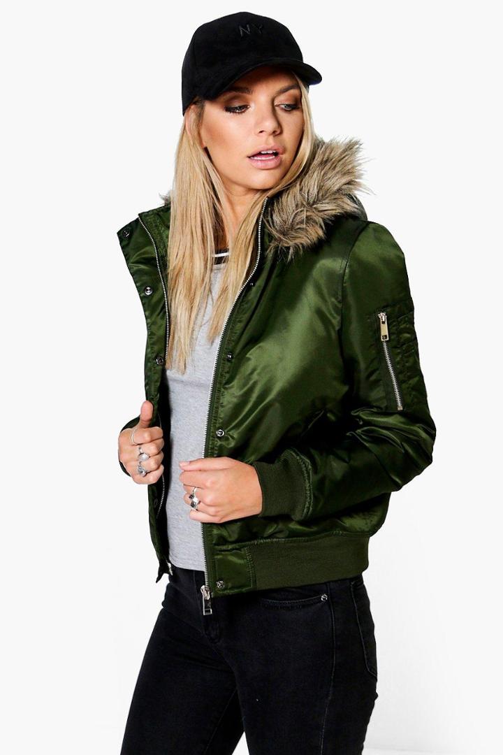 Boohoo Leah Faux Fur Hood Crop Bomber Jacket Khaki