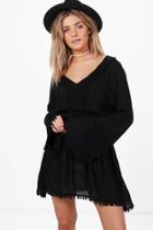 Boohoo Taylor Cheesecloth Pom Pom Skater Dress Black