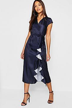 Boohoo Satin Stripe Ruffle Detail Dress