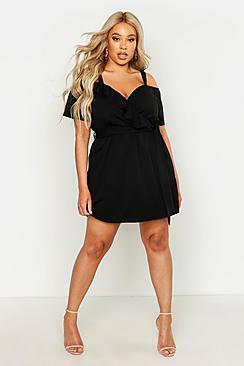 Boohoo Plus Plunge Ruffle Belted Mini Dress