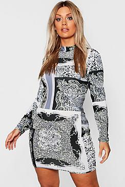 Boohoo Plus High Neck Long Sleeve Chain Print Mini Dress