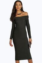 Boohoo Tall Ebony Textured Off The Shoulder Midi Dress