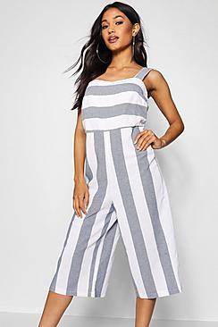 Boohoo Linen Square Neck Wide Stripe Culotte Jumpsuit