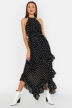 Boohoo Tall Polka Dot Shirred High Neck Maxi Dress