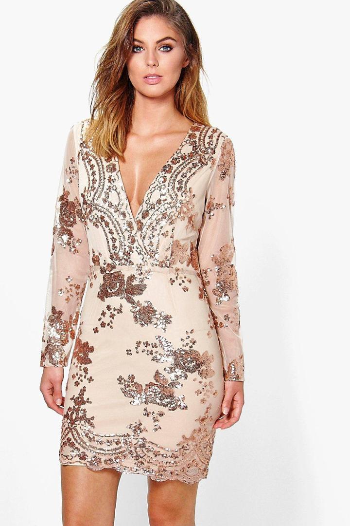 Boohoo Boutique Fi Sequin Print Mesh Bodycon Dress Gold