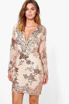 Boohoo Boutique Fi Sequin Print Mesh Bodycon Dress Gold