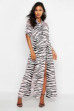 Boohoo Woven Zebra Maxi Shirt Split Dress