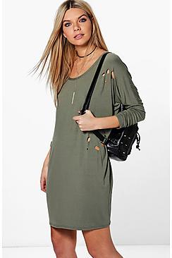 Boohoo Jayne Long Sleeve Distressed Shift Dress