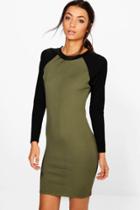 Boohoo Tall Luna Contrast Sleeve Rib Dress Khaki