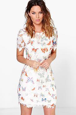 Boohoo Sandy Butterfly Print Corded Lace Shift Dress