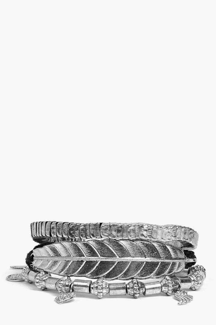 Boohoo Lexi Mixed Charm Braided Bracelet Pack Silver