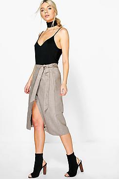 Boohoo Elara Wrap Front Tie Waist Suedette Midi Skirt