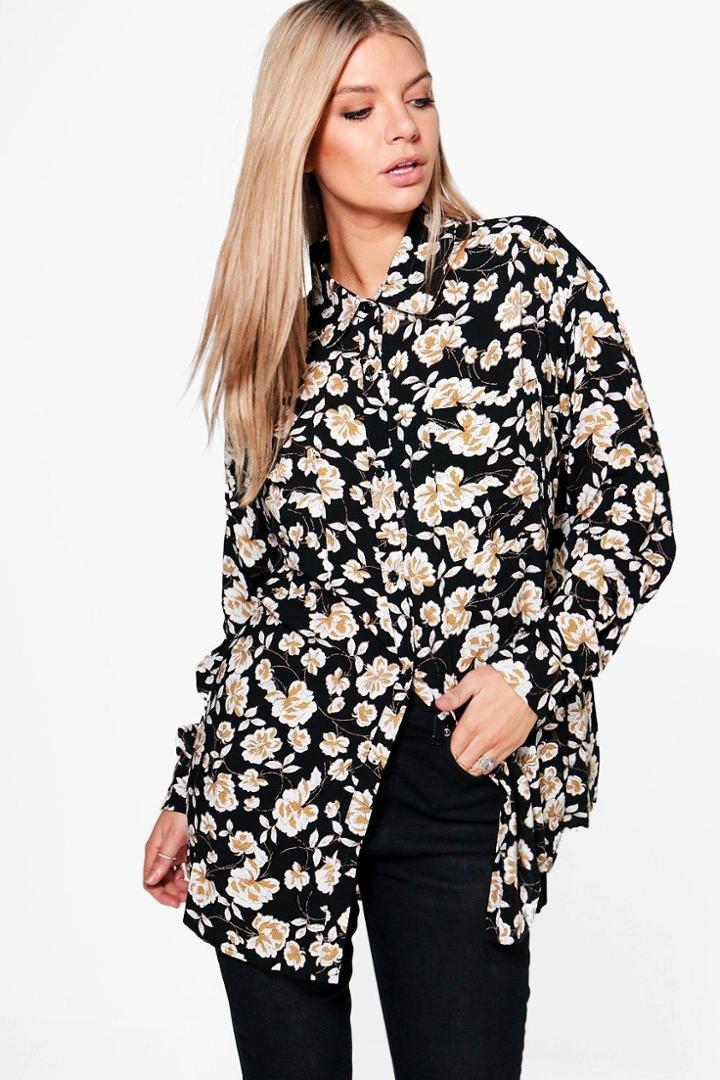 Boohoo Lucy Dark Floral Oversized Shirt Black