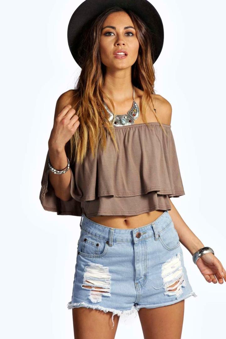 Boohoo Libby Off The Shoulder Frill Crop Top Mocha