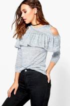 Boohoo Petite Sophie Cold Shoulder Frill Knitted Top Grey