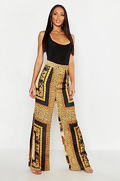 Boohoo Leopard Chain Scarf Satin Wide Leg Trousers