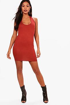 Boohoo Hailey Halterneck Curved Hem Bodycon Dress