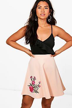 Boohoo Annie Floral Applique Skater Mini Skirt