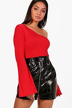 Boohoo Adelyn One Shoulder Flare Sleeve Top