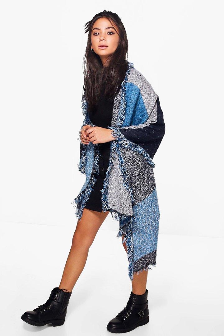Boohoo Alice Colour Block Fringed Cape Blue