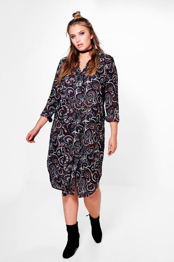 Boohoo Plus Erin Paisley Longline Shirt Dress Emerald