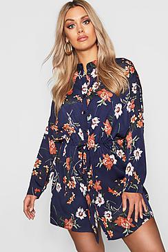 Boohoo Plus Floral Tie Shirt Dress
