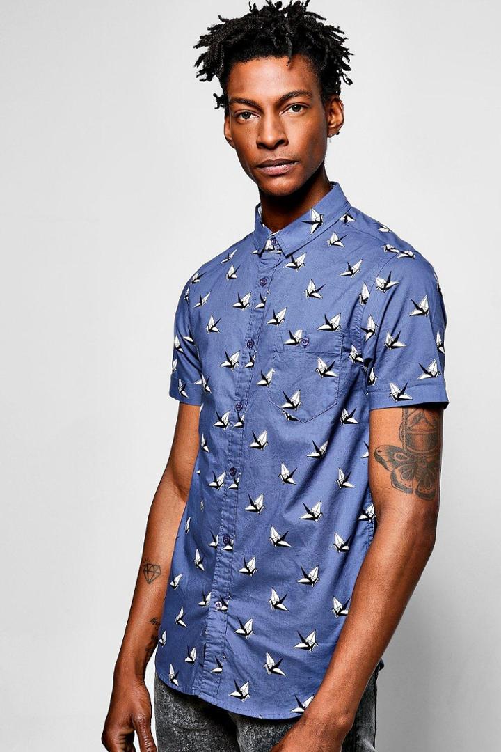 Boohoo Origami Bird Short Sleeve Shirt Blue