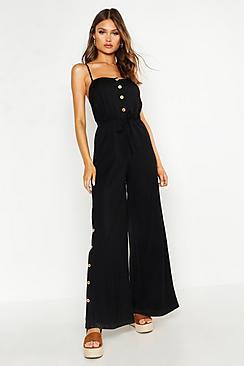 Boohoo Button Front Side Split Linen Look Jumpsuit