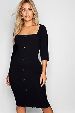Boohoo Plus Button Square Neck Bodycon Dress