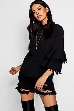 Boohoo Martha Pom Pom Ruffle Top