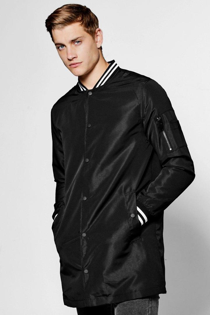 Boohoo Black Longline Taslan Bomber Jacket With Sports Rib Black