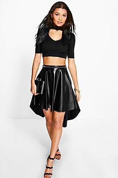 Boohoo Amelle Dipped Hem Full Leather Look Midi Skirt