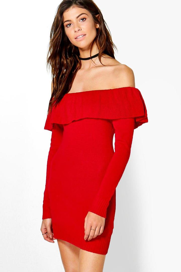 Boohoo Poppy Frill Neck Long Sleeve Jumper Dress Red