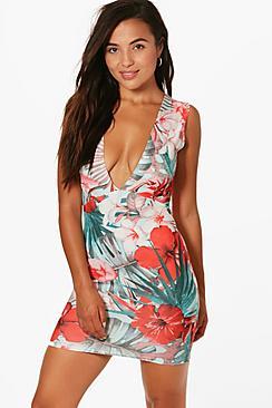 Boohoo Petite Eliza Tropical Print Plunge Mini Dress