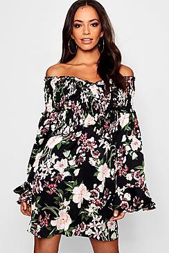 Boohoo Shirred Off The Shoulder Skater Dress