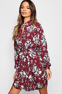 Boohoo Floral Tie Waist Shirt Dress