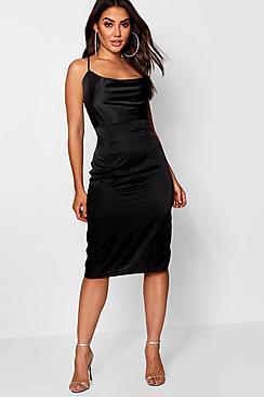 Boohoo Satin Cowl Neck Strappy Back Midi Dress