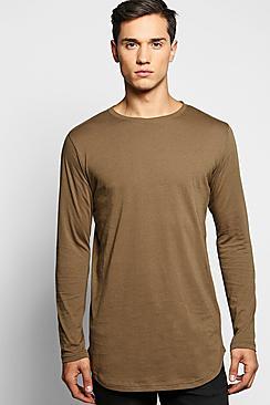 Boohoo Long Sleeve Longline T Shirt With Scoop Hem