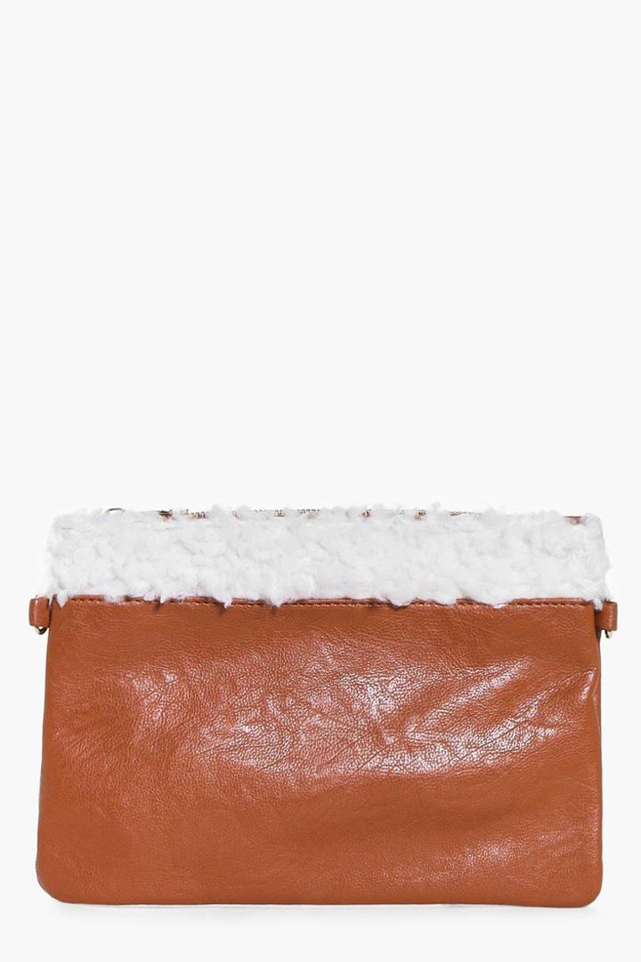Boohoo Lucy Shearling Trim Clutch Bag Tan