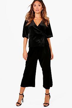 Boohoo Velvet Tie Wrap Top And Culotte Set