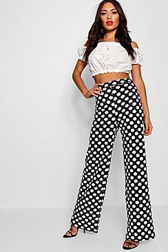 Boohoo Beau Polka Dot Crepe Wide Leg Trouser