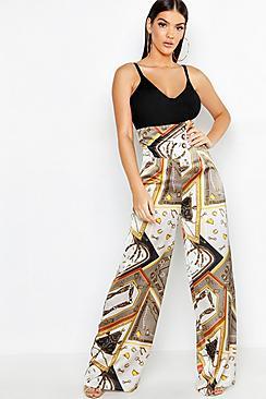 Boohoo Chain Print Satin Cut Out Wide Leg Trouser