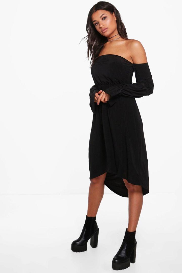 Boohoo Daisy Off Shoulder Blousen Sleeve Midi Dress Black