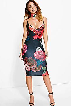 Boohoo Bria Choker Floral Plunge Midi Dress