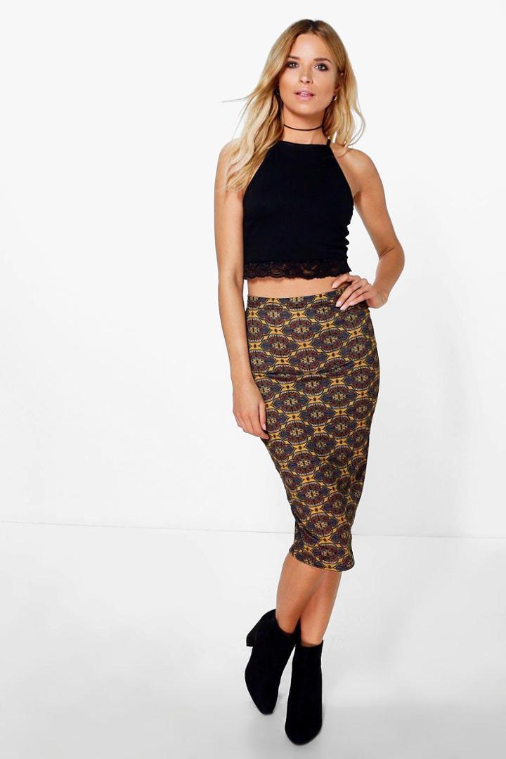 Boohoo Aya Bohemian Print Midi Skirt Multi