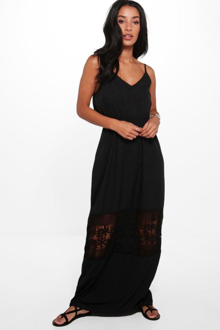 Boohoo Sally V Neck Crochet Trim Maxi Dress Black