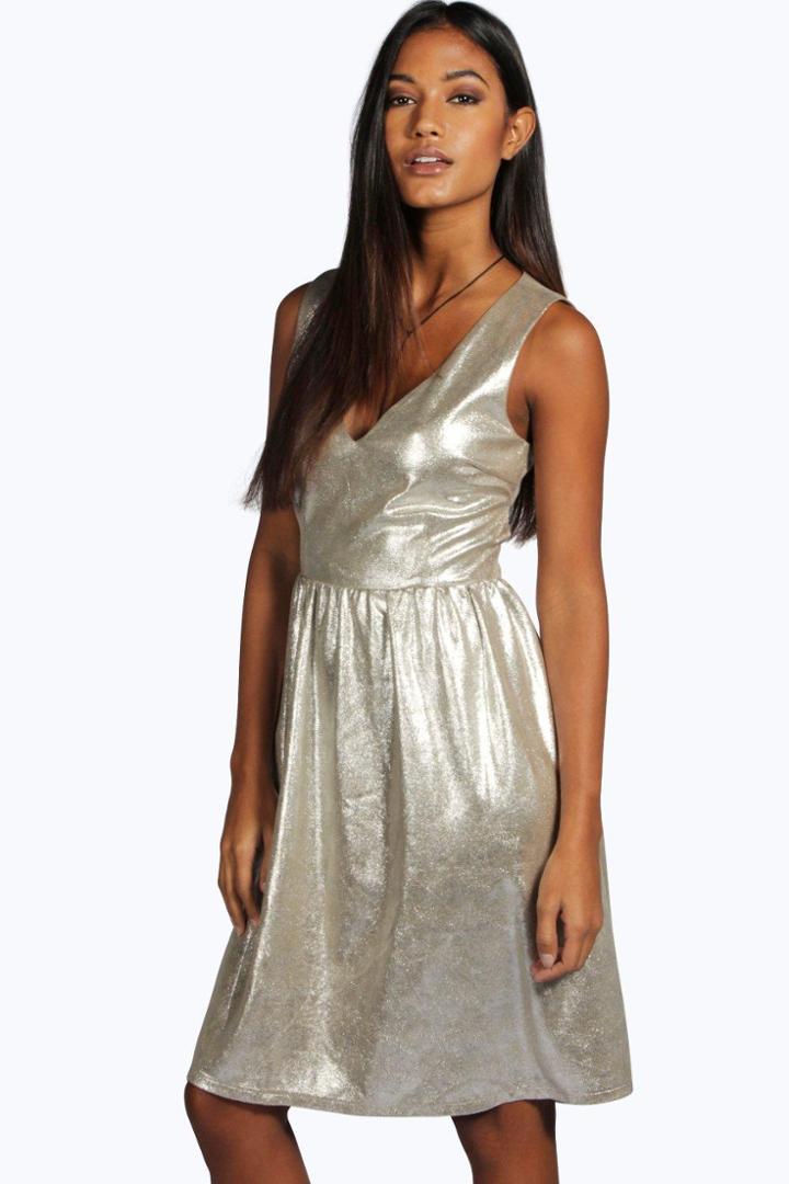 Boohoo Boutique Mia Metallic Open Back Skater Dress Silver